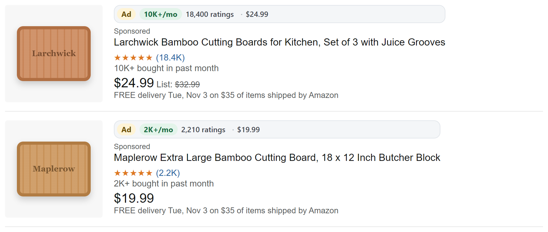 Amazon search results with a PalletLens badge on each one: Ad or organic rank, sales a month such as 10K+, the Best Sellers Rank and seller of a product opened before, exact ratings and the price.